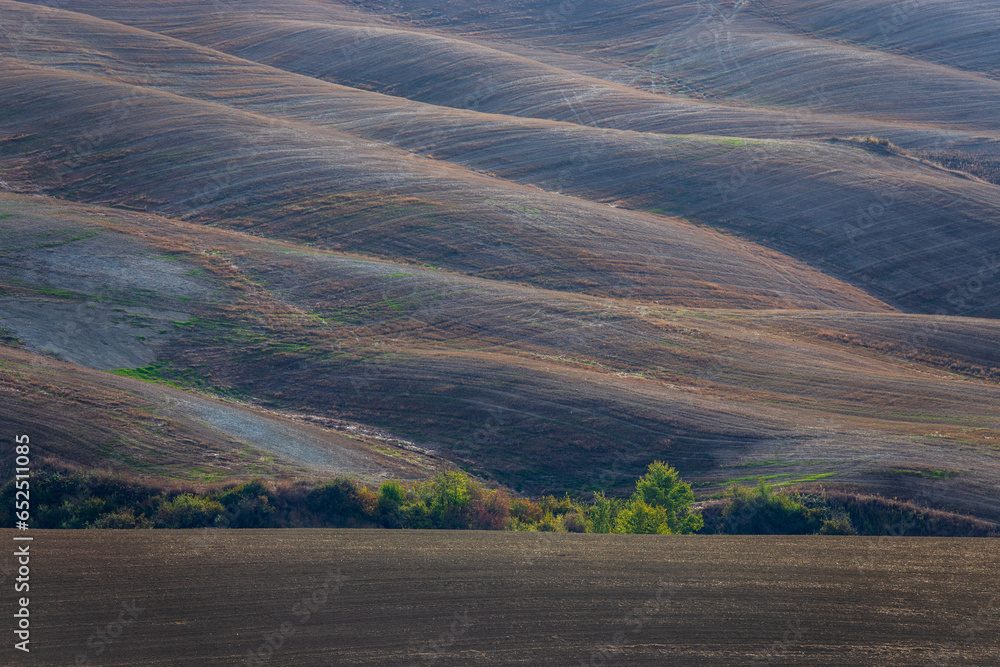 Autumn morning in the Tuscany, Italy. Rural landscape with plowed fields