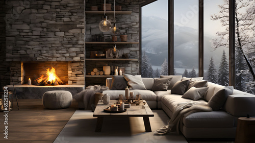 3D rendering of a modern winter living room interior with a fireplace and a sofa