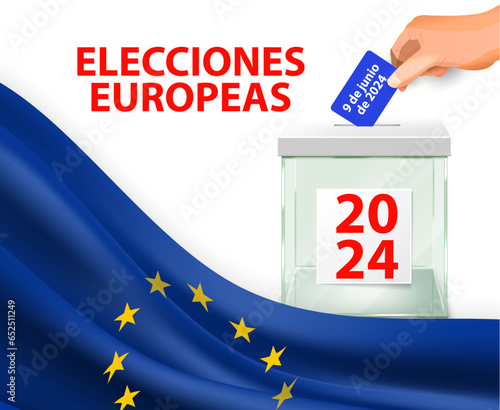 cartel para votar en las elecciones europeas de 2024 con la bandera europea y una urna con una mano depositando allí su papeleta