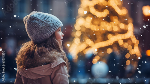Little girl in a hat and coat on the background of a Christmas tree, christmas market, winter season, happy holidays