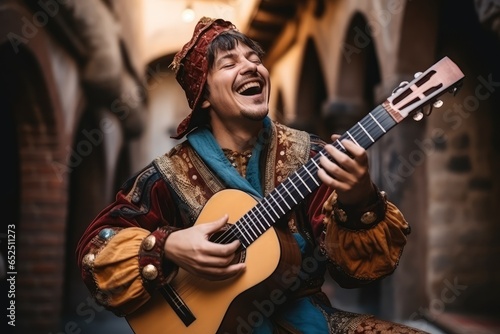 Bard Plays his Lute, Minstrel Song, Troubadour Music, Medieval Singer, Cosplayer Dressed as Jester photo