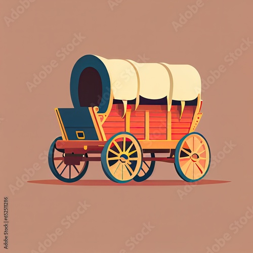 American Pioneers Wagon with Tent, Old Wooden Emigrant Carriage, Wild West Cart Flat Color Illustration