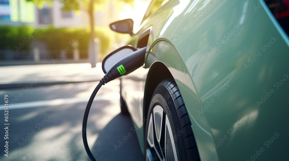 Electric car in charging station, close-up. 3d rendering. Generative ai Electric car in charging station, close-up. 3d rendering. Generative ai