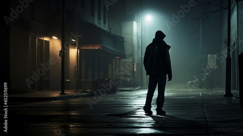 Into the Night: Lone Figure on Darkened Street. Generative ai