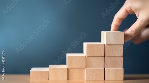 Business concept growth success process, Close up Woman hand arranging wood block stacking as step stair on paper blue background, copy space, generative ai photo