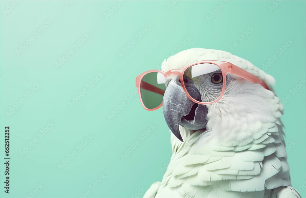 Funny white cockatoo parrot wearing sunglasses. Domestic pet bird