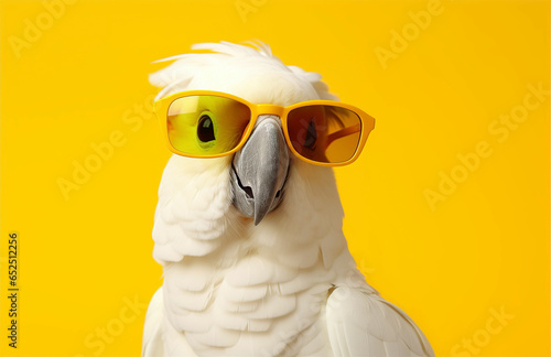 Cute white cockatoo parrot wearing sunglasses. Smiling pet bird, Australian animal. Solid yellow pastel background. Tropical summer vacation concept, web banner. Funny birthday party card, invitation. © tabitazn