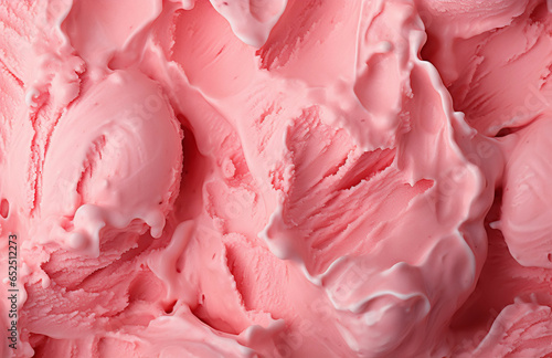 Homemade pink strawberry ice cream texture. Melting frozen joghurt macro, Summer delicious refreshment, sweet dessert. Gourmet food web banner. Dairy product. Top view, no people. photo