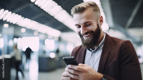 Smiling man looking at smart phone in airport , generative ai
