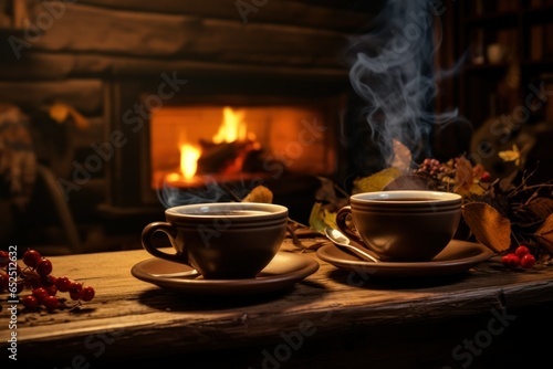 Fireside Warmth: Two Mugs of Coffee on a Cozy Autumn Evening
