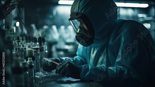 Female scientist medical worker wearing biohazard protective suit mask goggles and gloves conducts experiment. Protection from infectious disease. Laboratory for the study of virus bacteria and © Irina