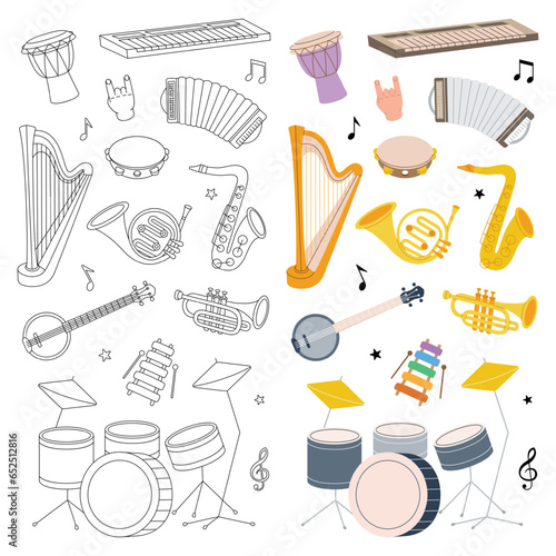 Musical instruments set. Music school banner design. Tuba, trumpet, drum flute, french horn, lute, violin, electric bass guitar. Vector illustration