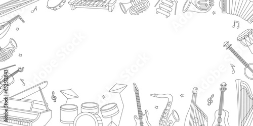 Musical instruments horizontal outline banner. Musical school set. Tuba, trumpet, drum flute, french horn, lute, violin, bass guitar, acoustic guitar.