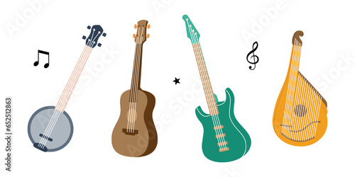 String musical instruments. Lute, violin, bandura, acoustic guitar, electric bass guitar, american banjo. Vector illustration.