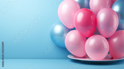 Gender reveal party, he or she, blue and pink colors, congratulations celebrate newborn baby pregnancy surprises baloons cake gifts confetti banner poster copy space background greeting card. © Ирина Батюк