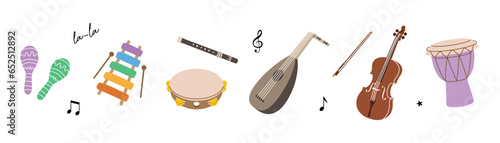 Set of musical instruments. Lute, violin, bandura, acoustic guitar, electric bass guitar, american banjo, drum kit, lyre, wooden harp, grand piano.