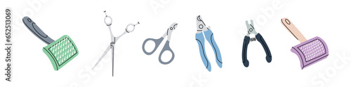 Pet grooming tools. Brushes, fur remover, nail clippers, scissors. Animals accessories, pet supplies. Vector illustration.