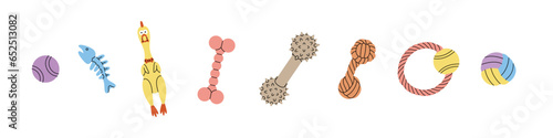 Dog chew toys. Rubber chicken, balls, fish bone skeleton, chew toys. Animals accessories, pet supplies. Vector illustration.