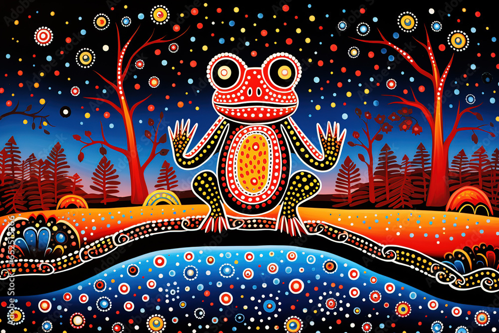 Australian Aboriginal dot painting style art dreamtime story of a frog. - obrazy, fototapety, plakaty 