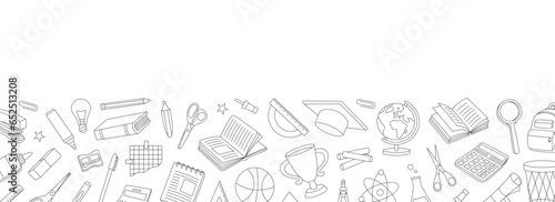 School supplies outline banner. School accessories. Trophy, diploma, notebook, microscope, pencil, paper clip, eraser, globe, scissors, calculator.