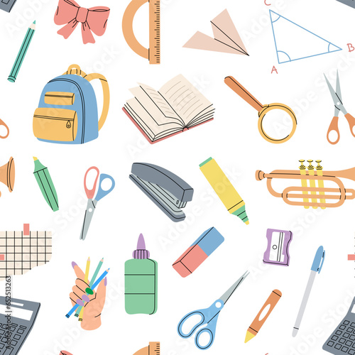School accessories pattern. School supplies background. Back to school banner. Vector illustration.