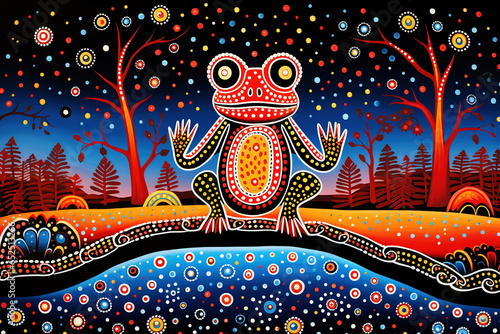 Australian Aboriginal dot painting style art dreamtime story of a frog.