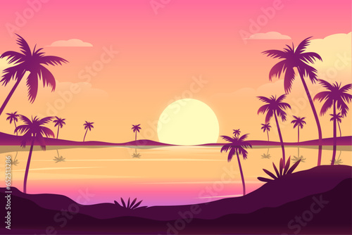 Fototapeta Naklejka Na Ścianę i Meble -  Summer background with sunset and palm trees landscape gradient tropical sunset