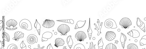 Sea shells horizontal outline banner. Tropical underwater shells. Freshwater algae, corals, starfish, mollusks, scallop, pearls. Vector illustration.