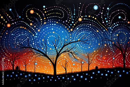 Australian Aboriginal dot painting style art dreamtime story of a night sky.