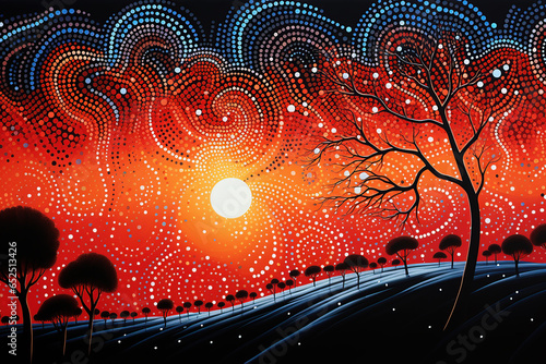 Australian Aboriginal dot painting style art dreamtime story of a night sky. photo