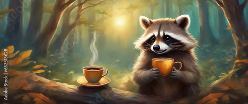 Raccoon drinking tea in the forest. Generative AI.
