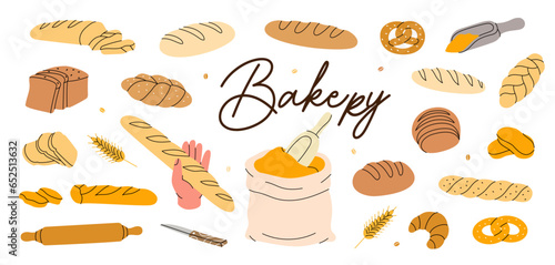 Set of bakery products. Bread and pastry banner. Whole grain and wheat bread, pretzel, ciabatta, croissant, french baguette for bakery menu design.