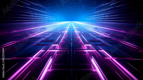 abstract futuristic sci-fi tunnel with glowing neon glow lines and lights in dark empty space, empty space © Aram