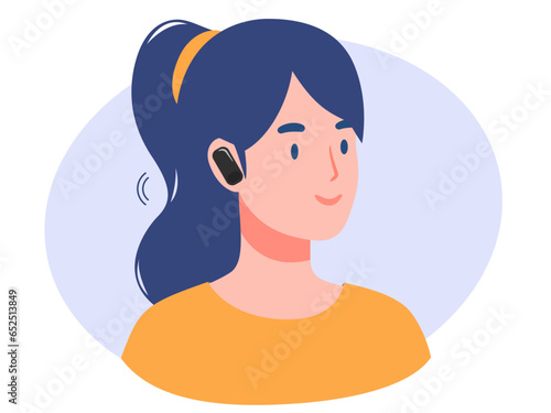 Girl wearing Bluetooth earpieces flat style vector illustration, Woman wearing wireless earbuds, female wearing wireless headset stock vector image