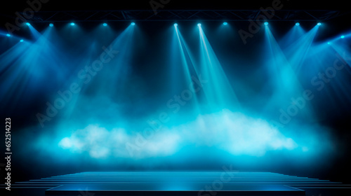 Blue Vector Spotlight Illuminating an Atmospheric Stage with Scenic Lights, Smoke, and Volume Light Effect on Black Background – Stadium Cloudiness Projector