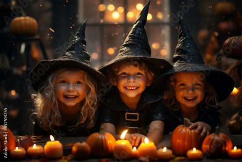 little witches in costumes and hats with candles and pumpkins at the table at night on Halloween, children's Halloween, dark background