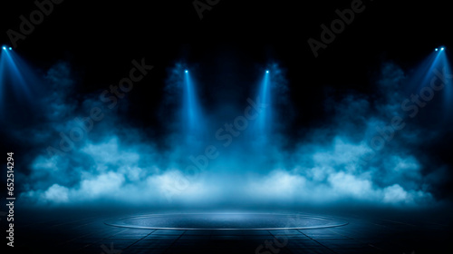 Blue Vector Spotlight Illuminating an Atmospheric Stage with Scenic Lights, Smoke, and Volume Light Effect on Black Background – Stadium Cloudiness Projector