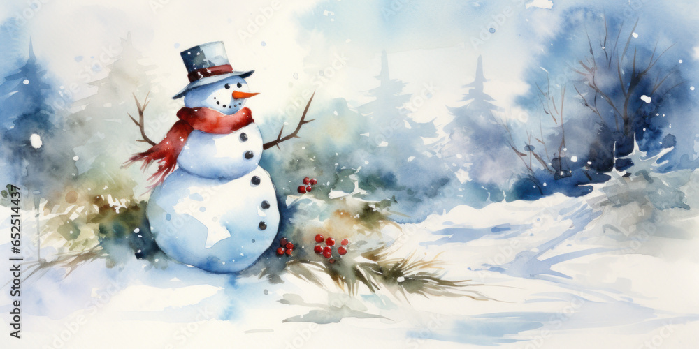 Watercolor painting of a snowman. Watercolor snowman in winter snowfall. Christmas illustration.