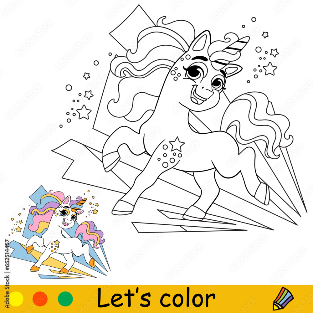Fototapeta premium Cartoon cutie unicorn kids coloring book page vector