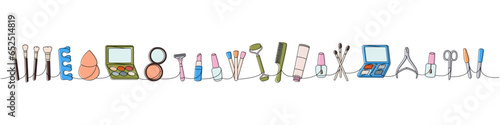 Set of makeup tools one line colored continuous drawing. Brushes, sponge, nail polish, massage roller, comb, cosmetic cream, cuticle scissor