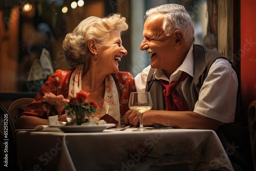 old happy couple at dinner in an Italian village. 