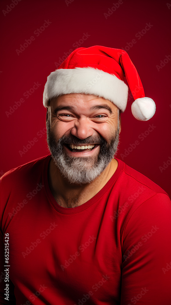 Christmas with bearded, cheerful and charismatic man with red cap. Reddish background. Christmas with bearded, cheerful and charismatic man with red cap. Reddish background.