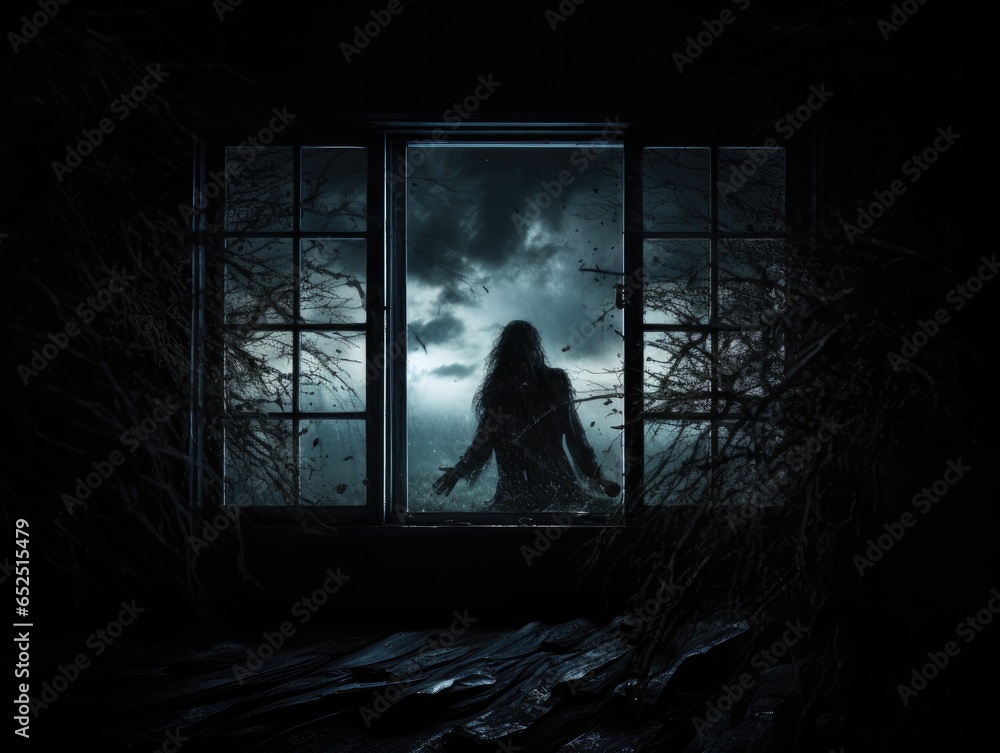 spooky scene of an window with a scary silhouette. 