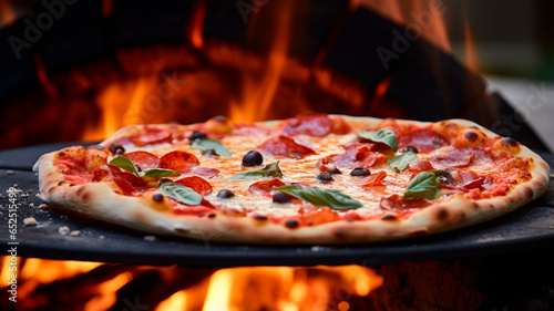 close - up of a pizza with a burning fire in a oven.