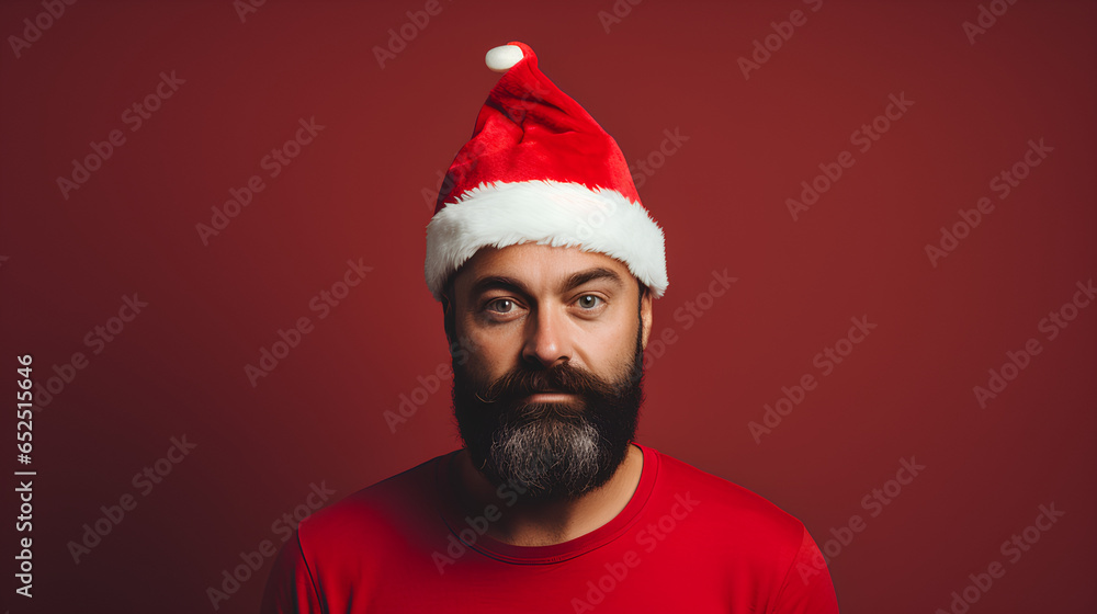 Christmas with bearded, cheerful and charismatic man with red cap. Reddish background. Christmas with bearded, cheerful and charismatic man with red cap. Reddish background.