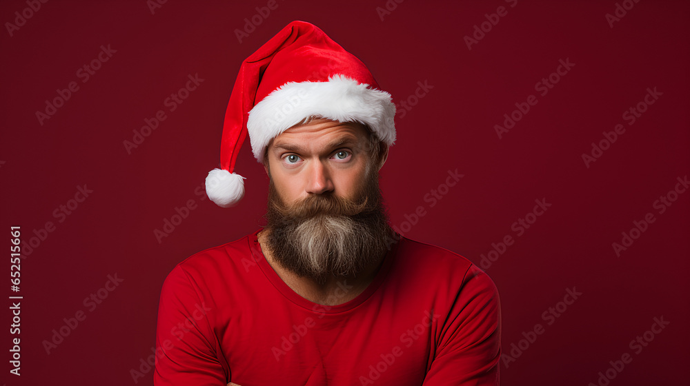 Christmas with bearded, cheerful and charismatic man with red cap. Reddish background. Christmas with bearded, cheerful and charismatic man with red cap. Reddish background.