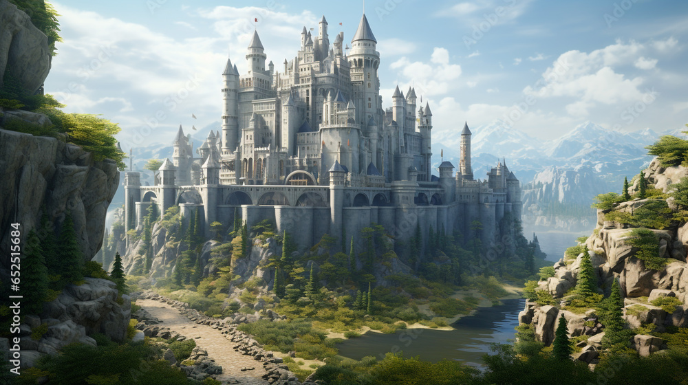 Very impressive and enormous castle surrounded by nature with many towers, Generative AI