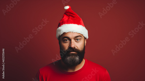 Christmas with bearded, cheerful and charismatic man with red cap. Reddish background.