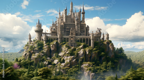 Very huge and beautiful castle, very original architecture, on top of the mountain surrounded by nature and stones, Generative AI