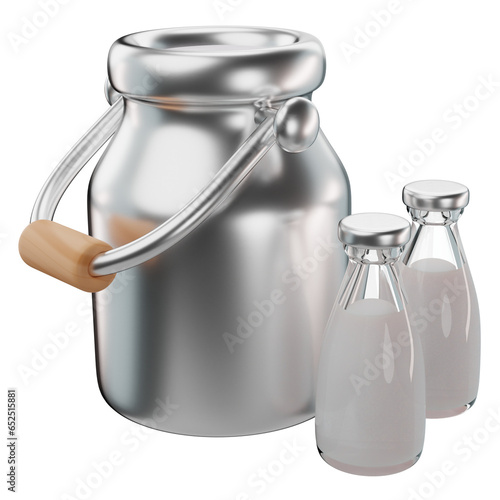 Adorable 3d rendering of a milk tank and milk bottles icon
 photo